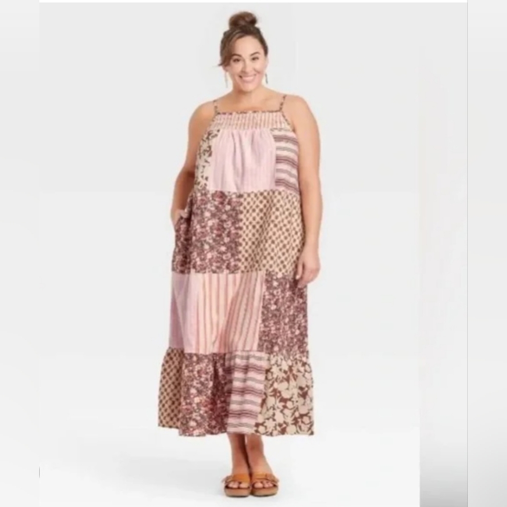 Patchwork Maxi Dress in Pink and Brown